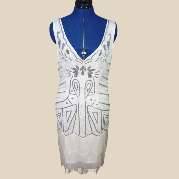 Babeyond White And Silver Beaded 1920s Dress Size Large - Picture 1 of 6